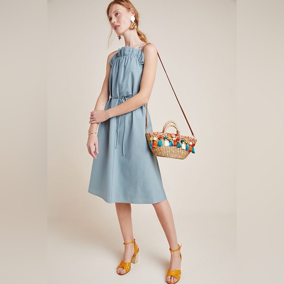 Anthro Corey Lynn Calter Harper Midi Dress Women's Large Poplin Tie Waist Black - Picture 2 of 16